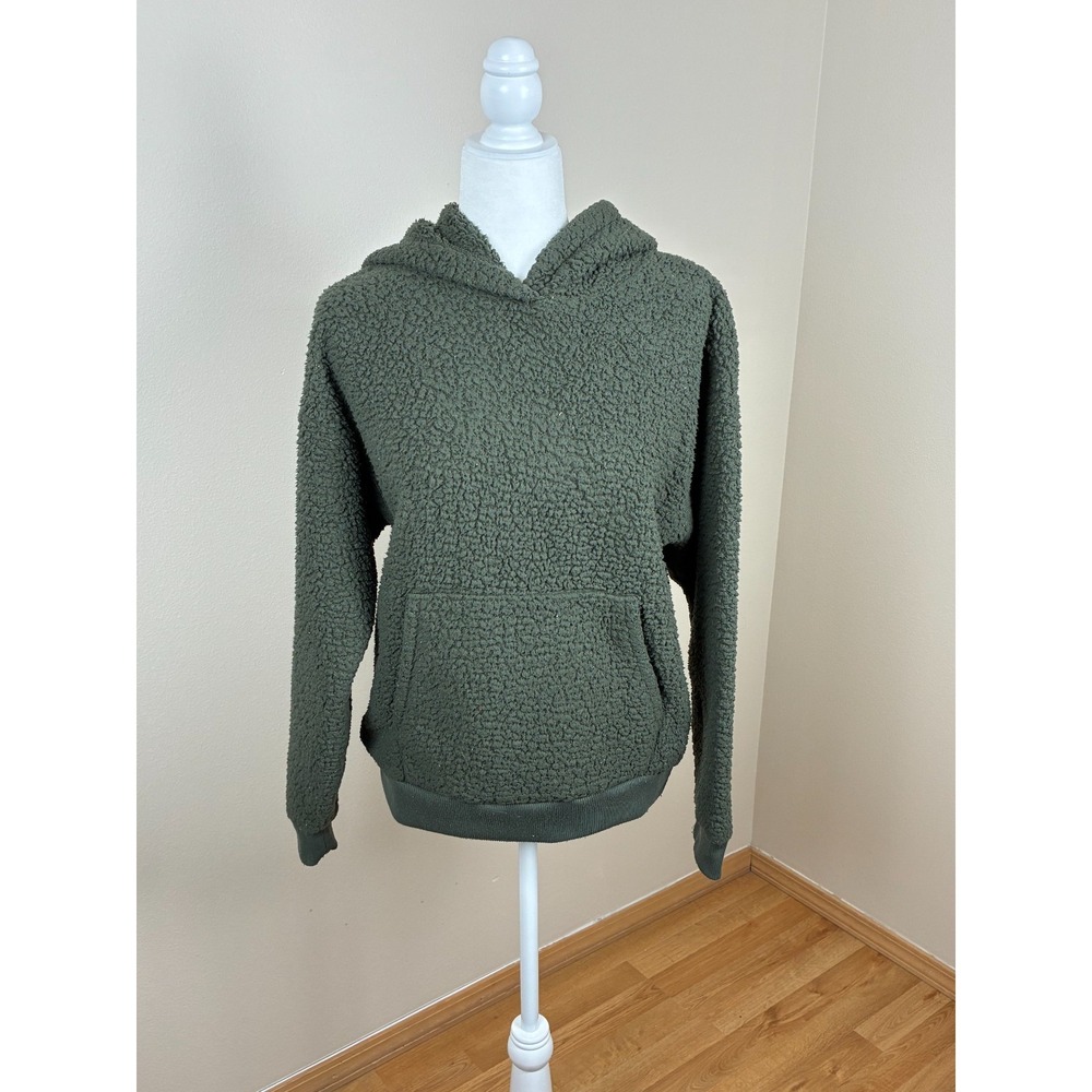 American Eagle Womens Olive Green Sherpa Hoodie Textured Fleece Pullover Small